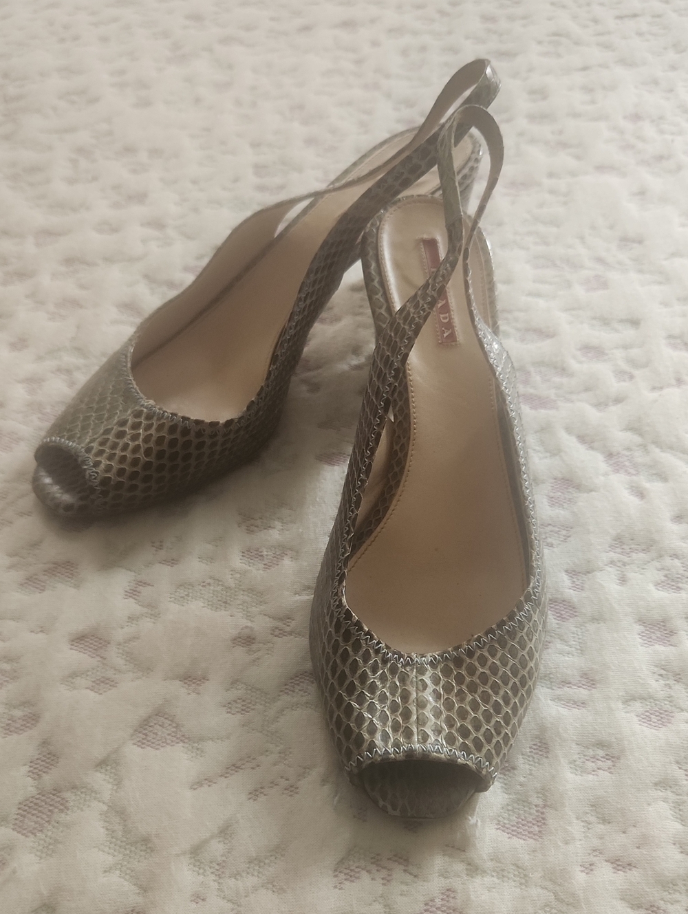 Prada Metallic Gold Snake-Embossed Peep-Toe Slingbacks